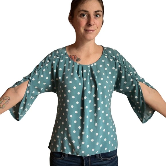 Maeve Anthropologie Green Polka Dot Blouse Top Teal S Small Half Sleeves Buttons - Picture 8 of 17